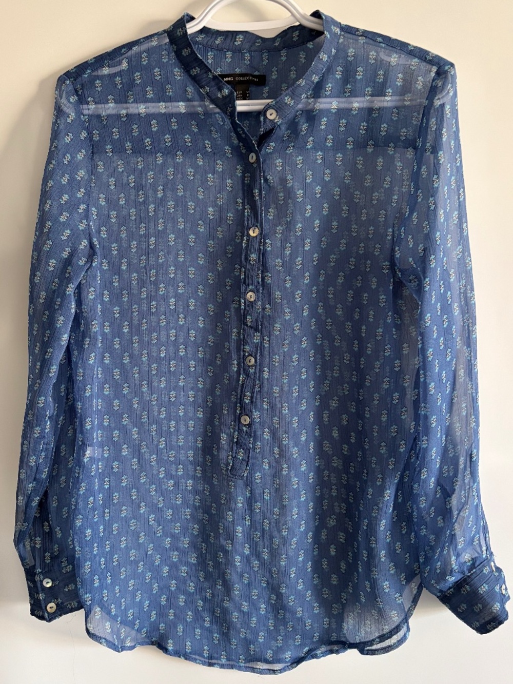 EUC Mango Women’s Sheer Blue Geometric Print Blouse Buttoned Long Sleeved Medium